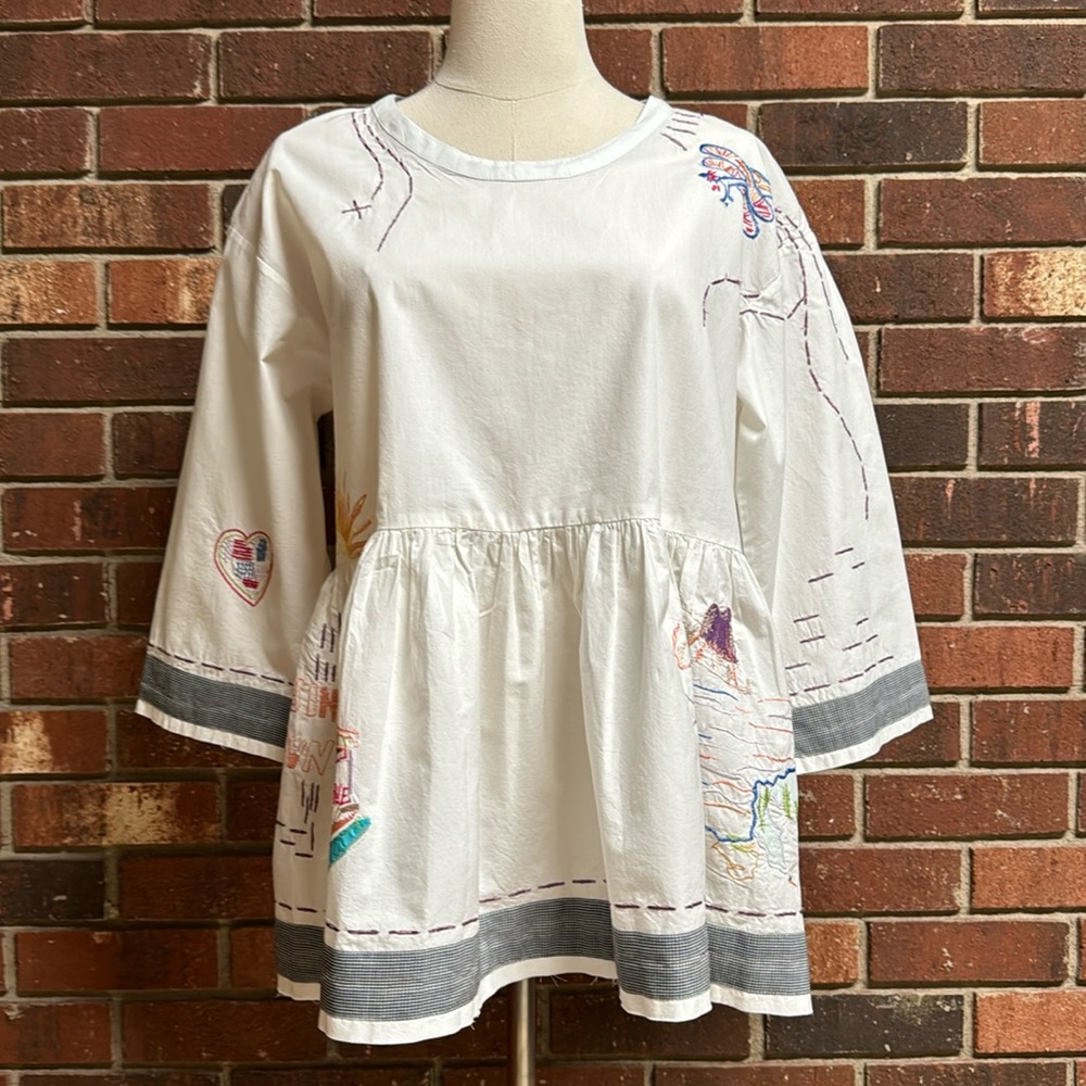HOLDING HORSES White Embroidered Peasant Blouse with Gray Trim - Picture 3 of 16